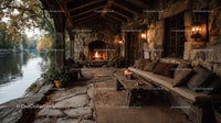 Rustic Riverside Cabin with Stone Fireplace Surrounded by Autumn Foliage