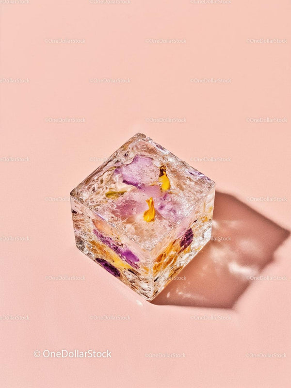 Decorative ice cube with colorful flower petals