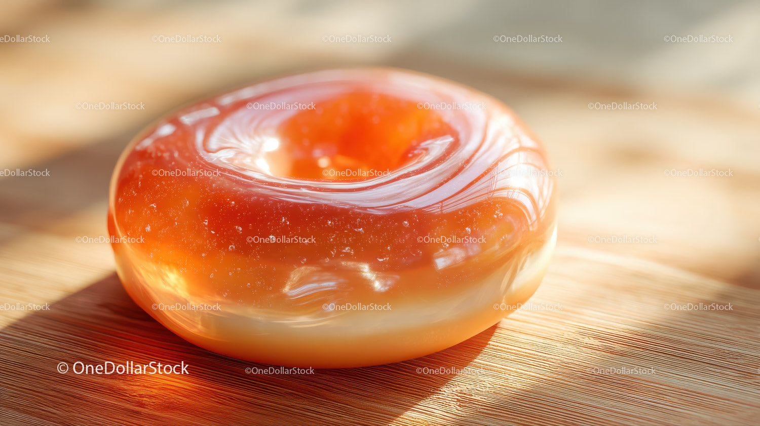 Close-Up of Caramel Glazed Donut on Wooden Surface