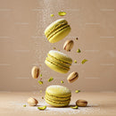 Green pistachio macarons with powdered sugar and nuts