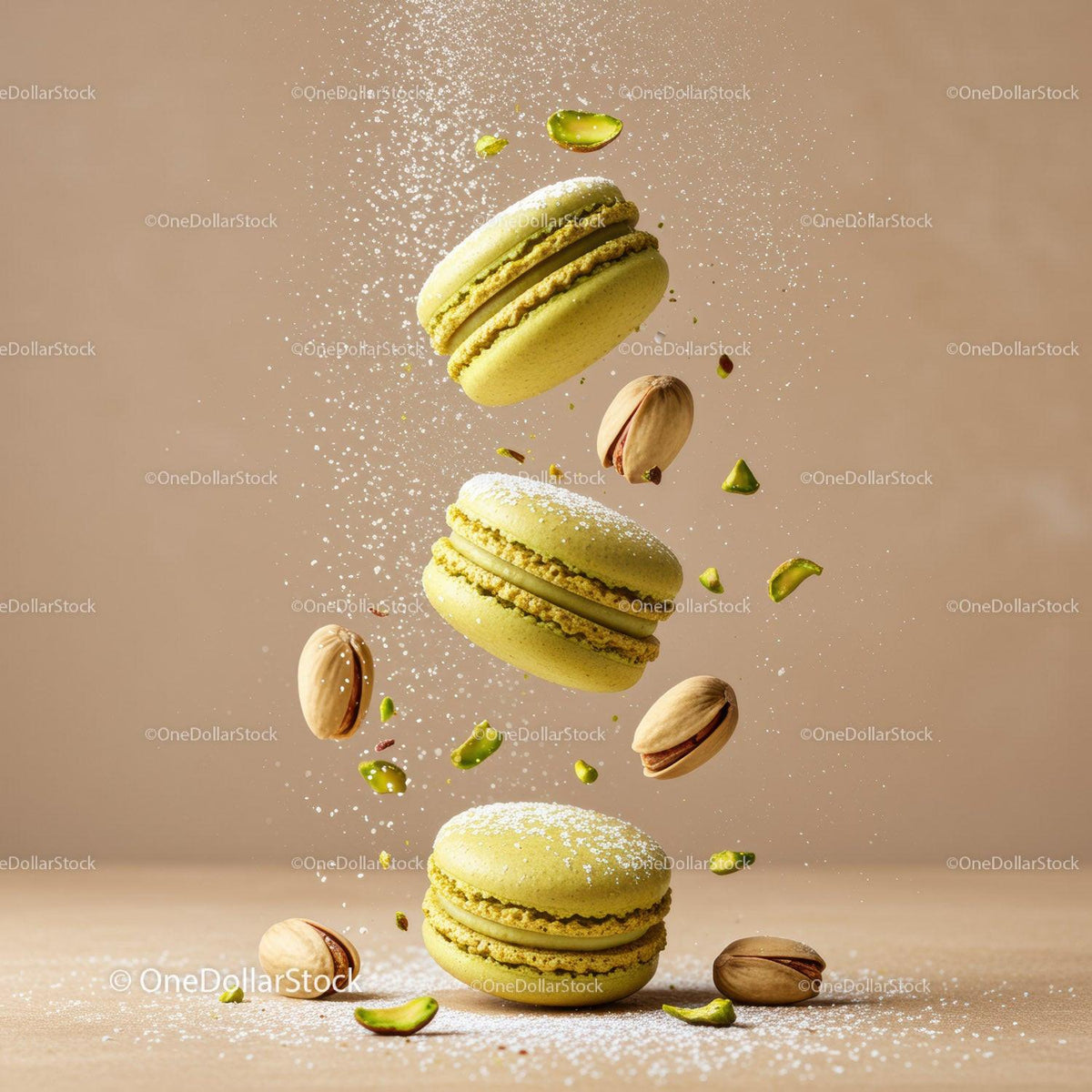 Green pistachio macarons with powdered sugar and nuts
