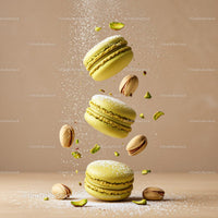 Green pistachio macarons with powdered sugar and nuts
