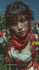Young Woman with Wet Hair and Red Bandana in Lush Green Outdoors