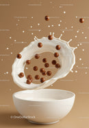 Chocolate cereal balls splashing through white milk flow