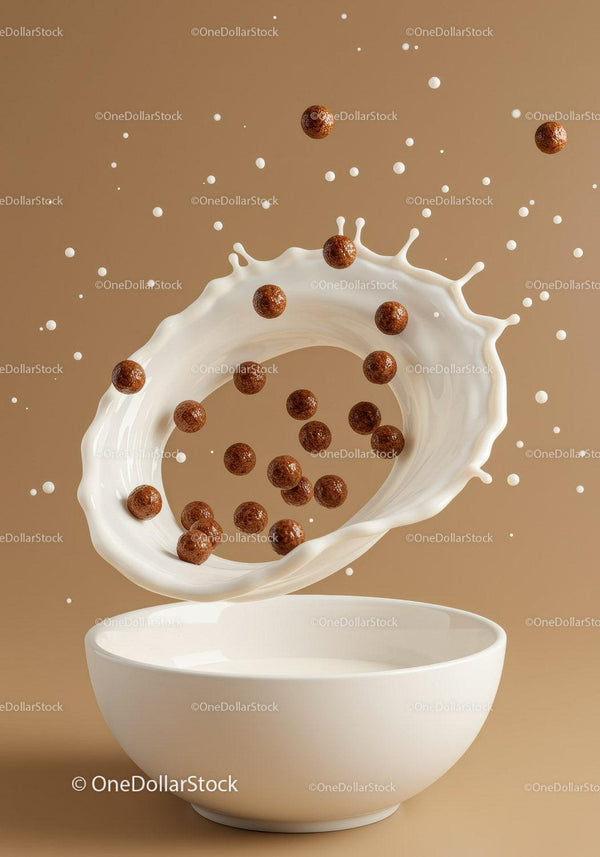 Chocolate cereal balls splashing through white milk flow
