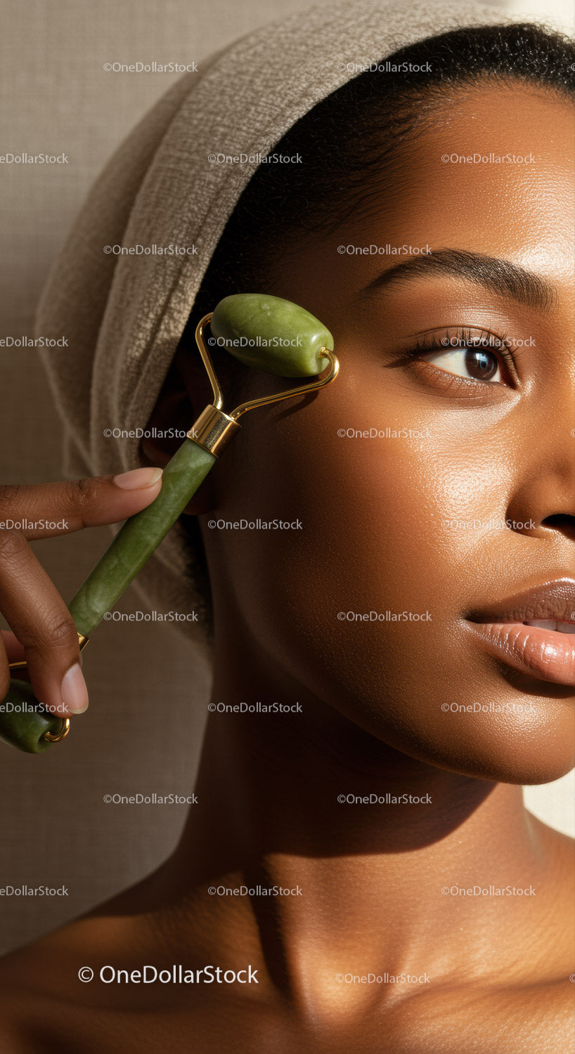 Woman Using Jade Roller for Facial Skincare and Glow Enhancement