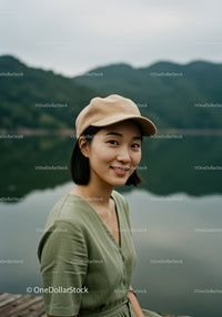 Young Woman in Green Dress with Cap Near Lake and Mountain View