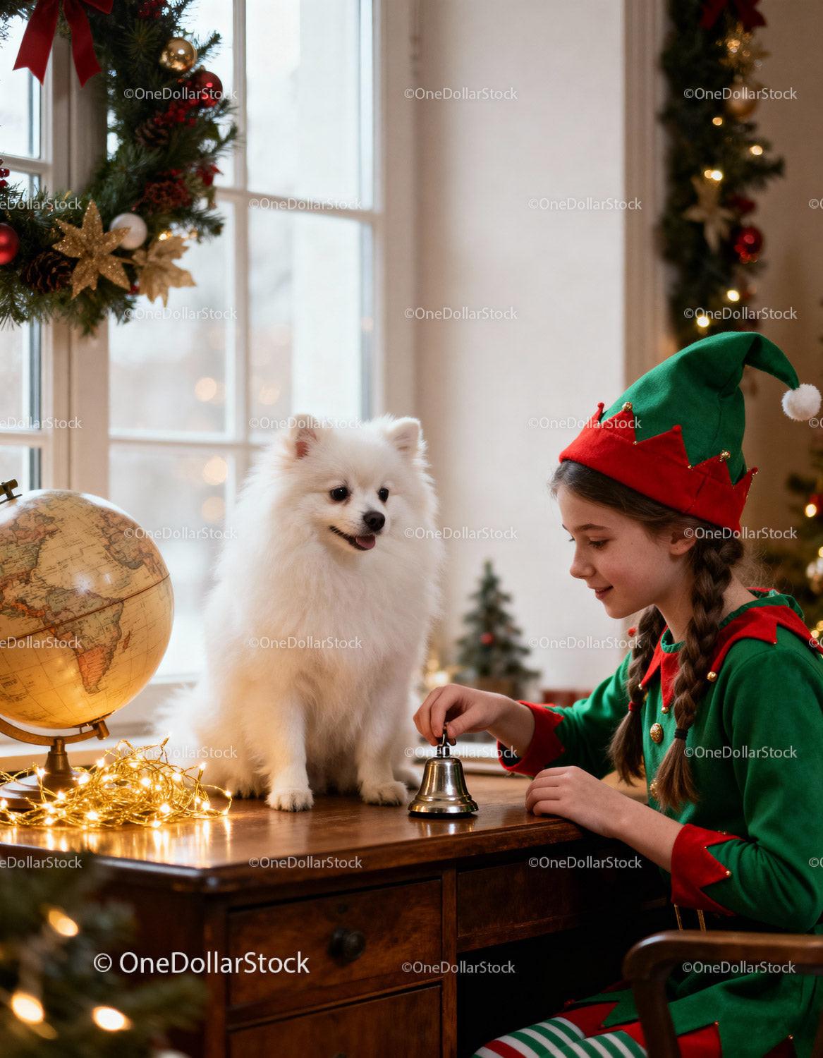 Girl in Elf Costume Playing with Dog by Christmas Window