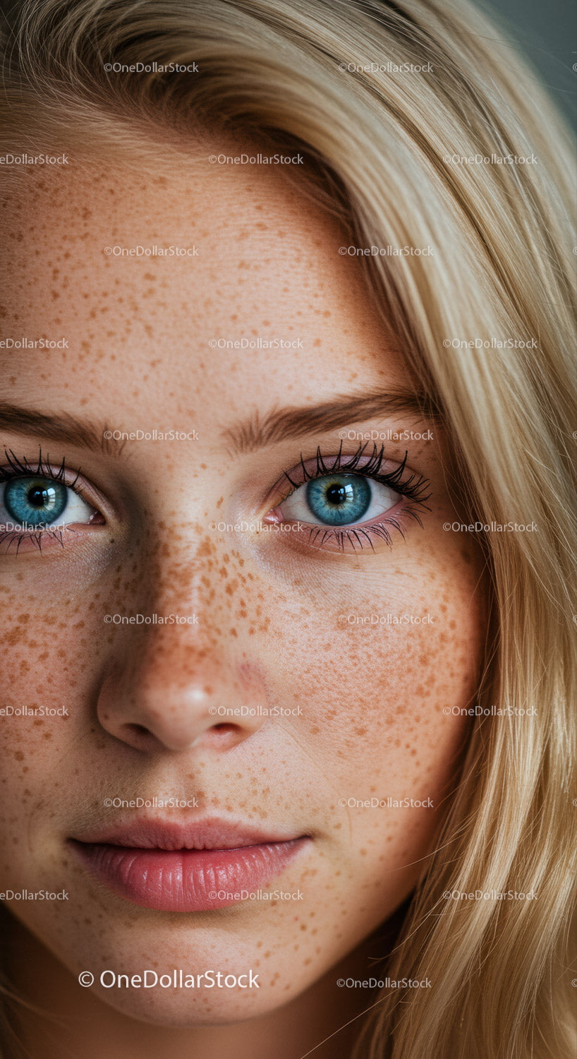 Closeup portrait of young woman with blue eyes and freckles