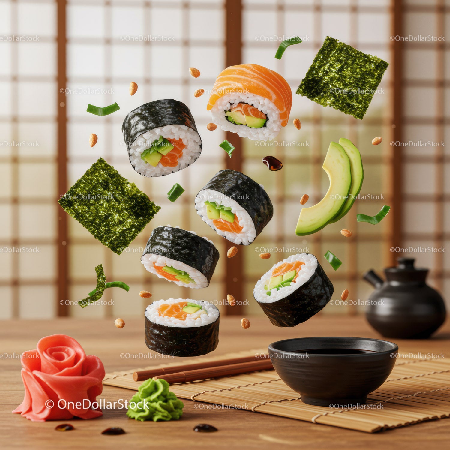 Fresh sushi rolls and ingredients floating over table