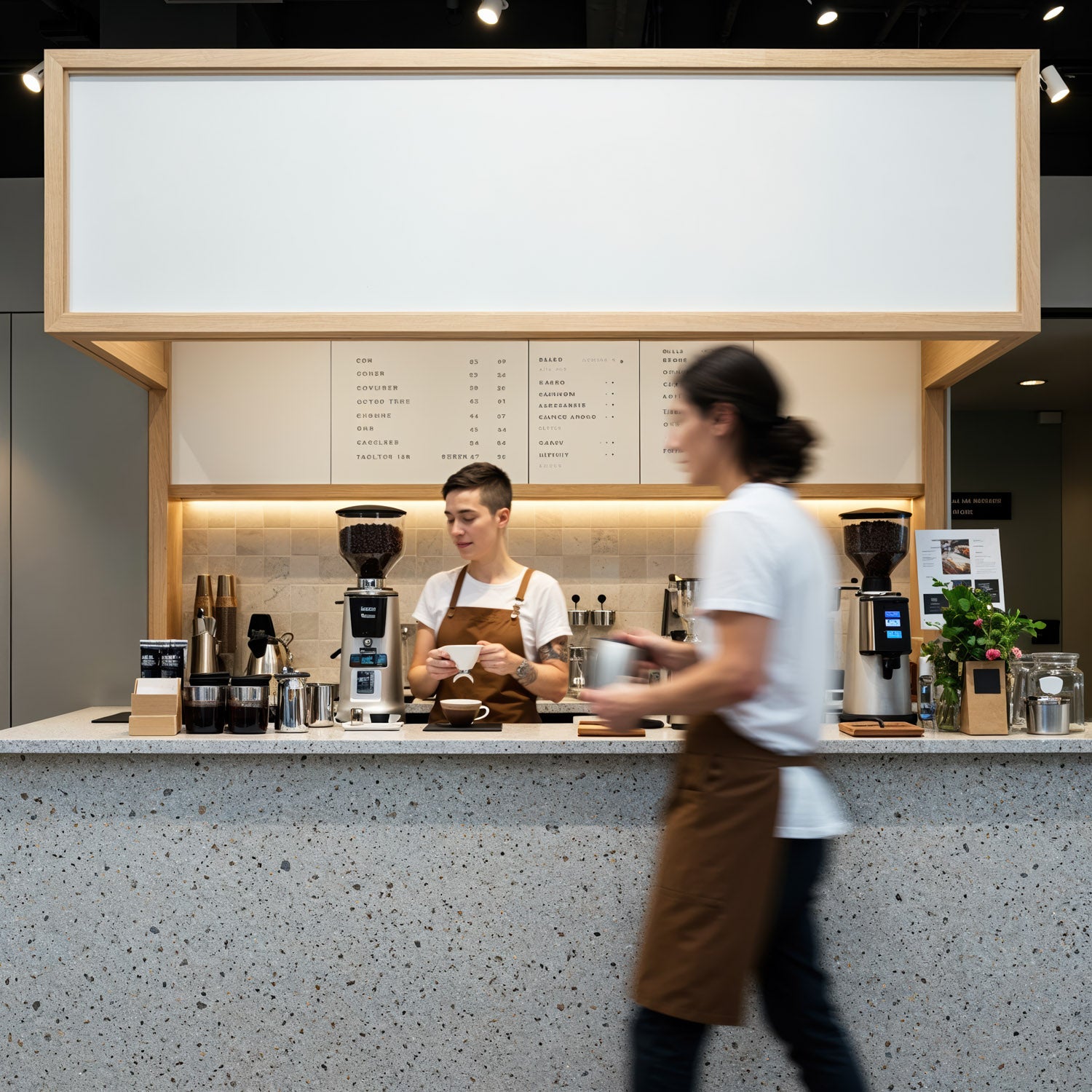 Baristas preparing coffee in modern minimalist cafe interior