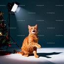 Playful ginger cat beside decorated Christmas tree
