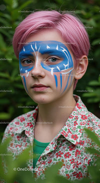 Portrait of a Youth with Artistic Face Paint in a Green Setting