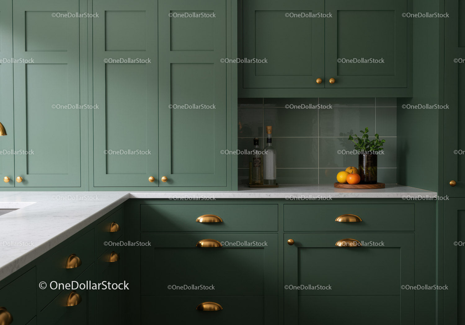 Modern Green Kitchen with Gold Hardware and Fresh Fruits