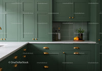 Modern Green Kitchen with Gold Hardware and Fresh Fruits