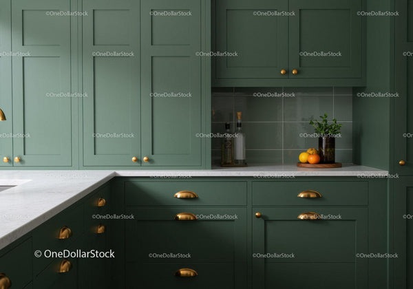 Modern Green Kitchen with Gold Hardware and Fresh Fruits