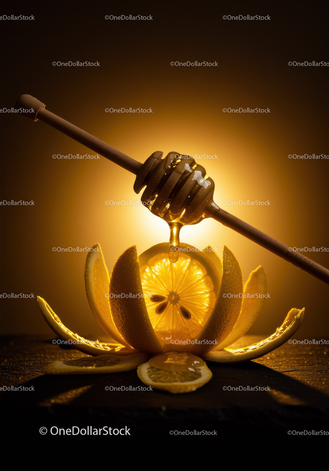 Golden honey dripping onto sliced orange segments