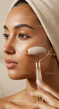 Young Woman Using Facial Roller for Skin Rejuvenation and Relaxation