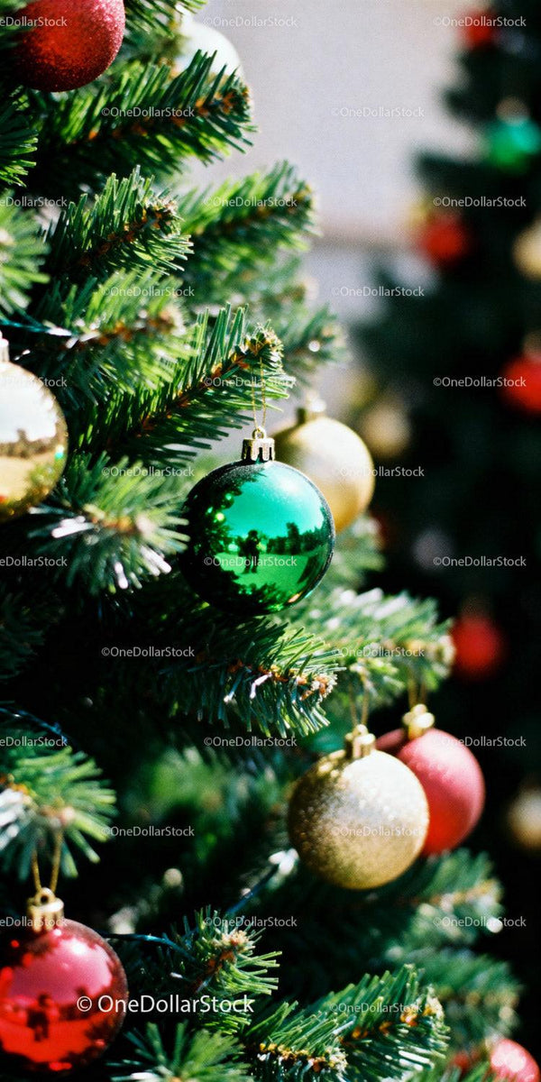 Close up of Christmas tree decorated with colorful baubles