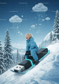Child riding futuristic USB sled in snowy winter landscape