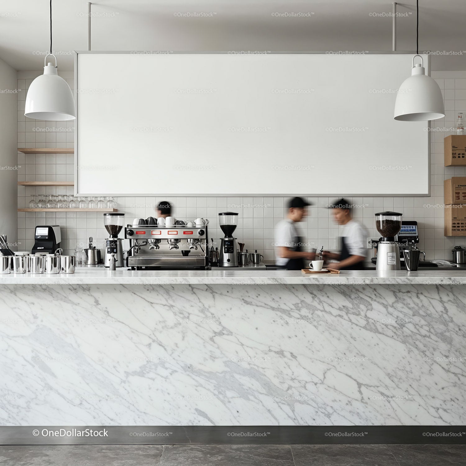 Baristas Preparing Coffee in Minimalist Marble Cafe