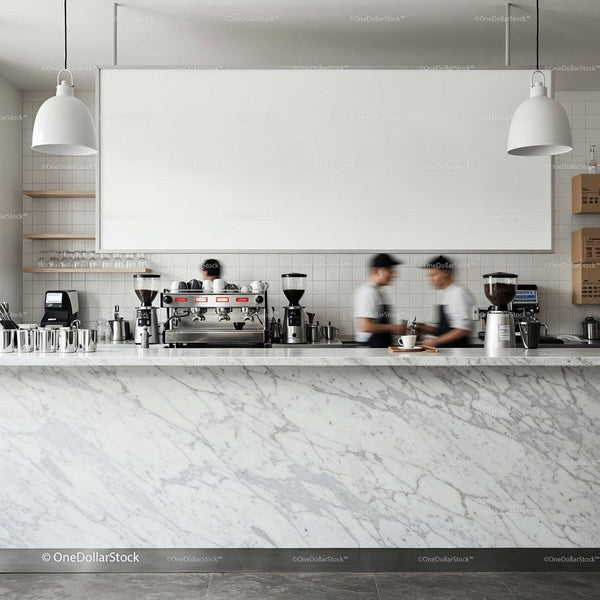 Baristas Preparing Coffee in Minimalist Marble Cafe JPG Mockup Image
