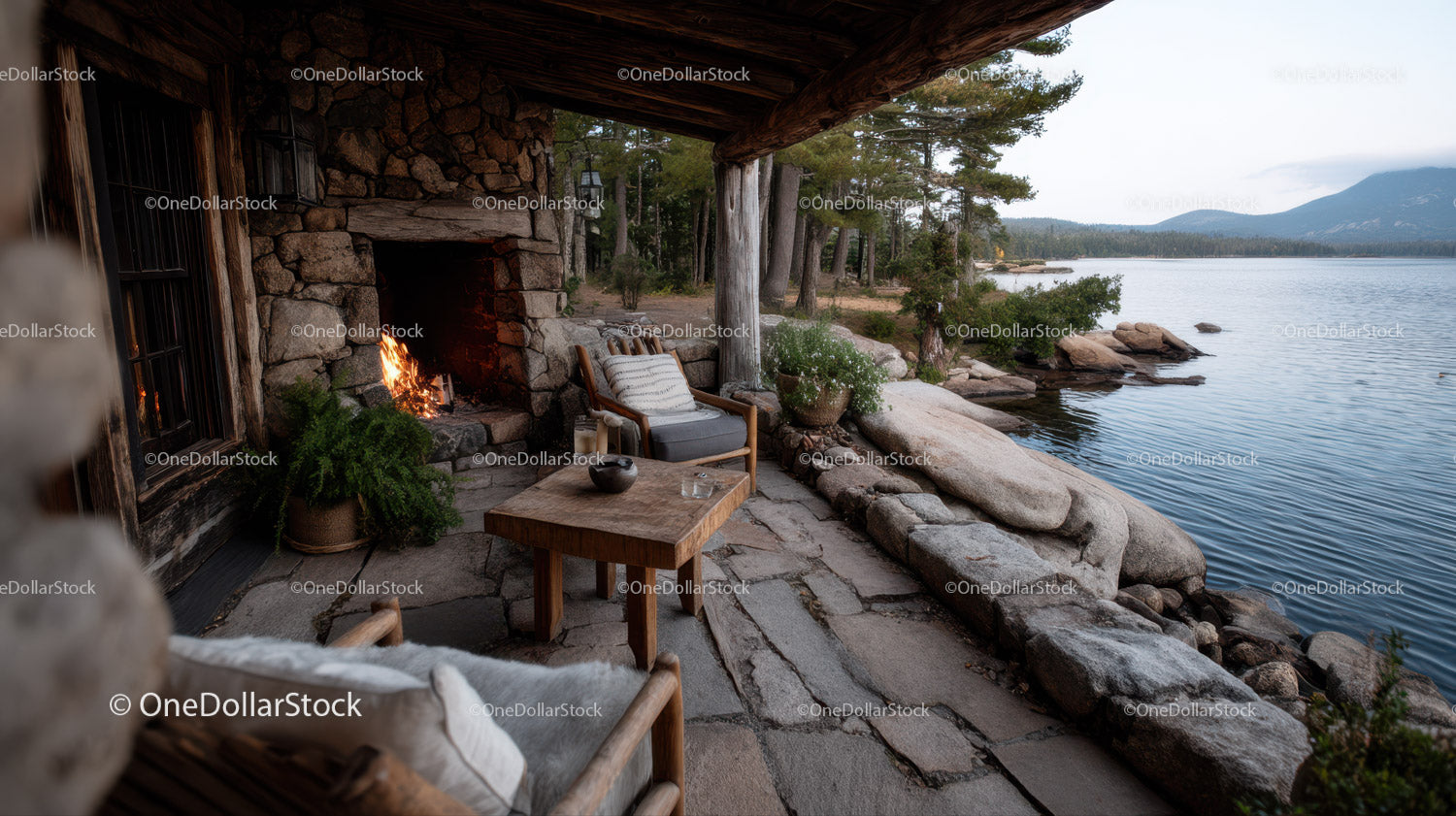 Lakeside Patio with Fireplace and Mountain View in Natural Setting