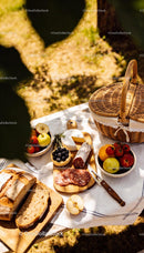 Rustic Picnic Spread with Bread, Cheese, and Fresh Fruits