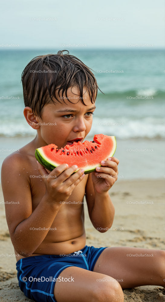 Młody chłopiec zajada się arbuzem na plaży latem