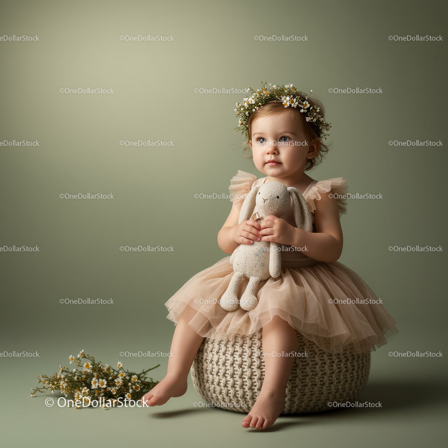 Toddler girl with floral wreath holding plush bunny toy