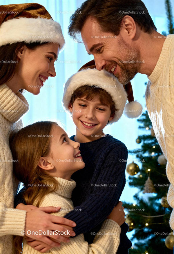 Happy family embracing near decorated Christmas tree