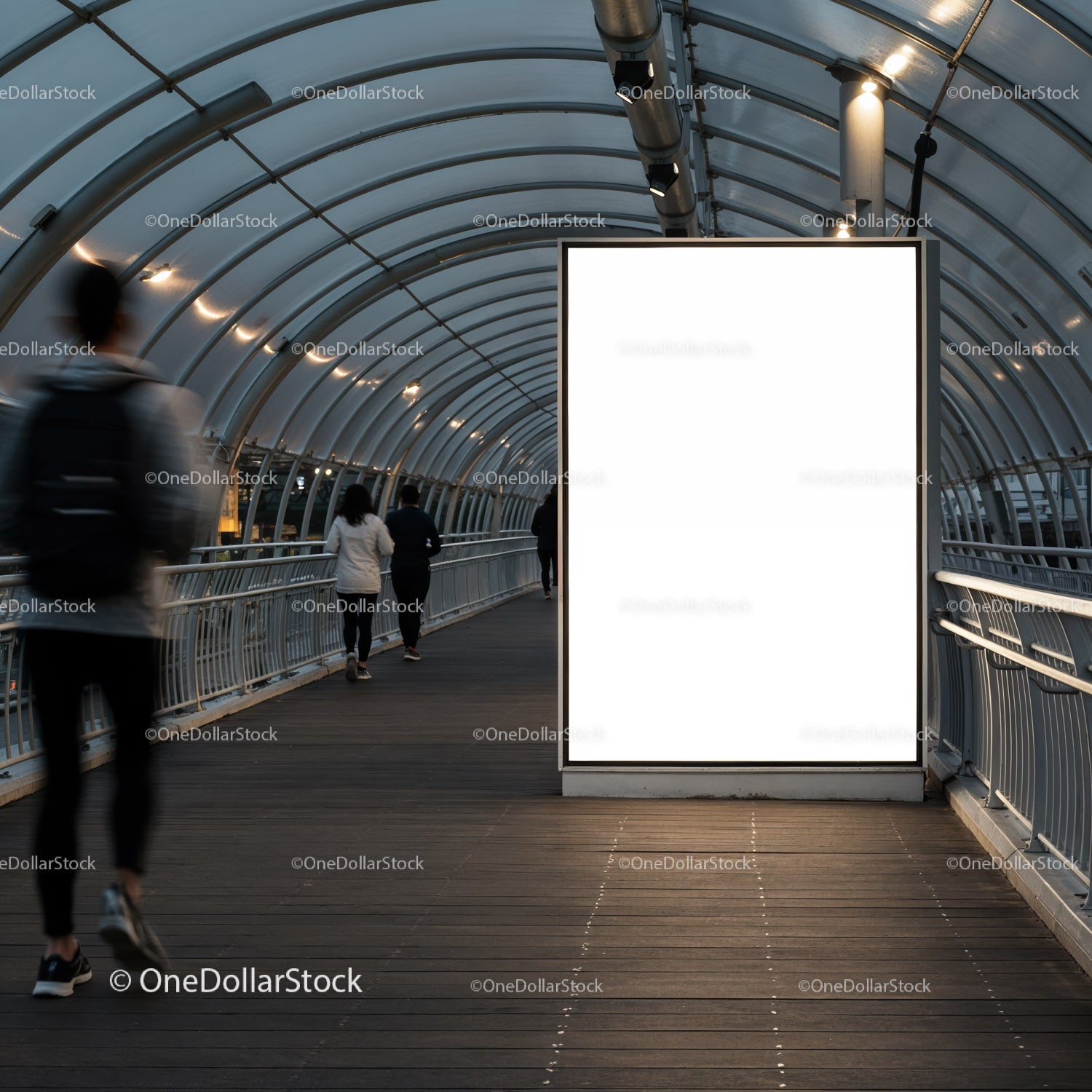 Pedestrians Walking Through Covered Urban Bridge Corridor
