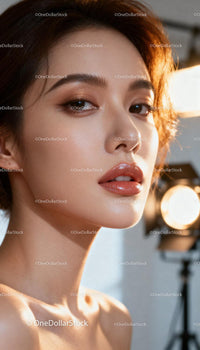 Closeup of Woman with Dewy Makeup and Warm Lighting