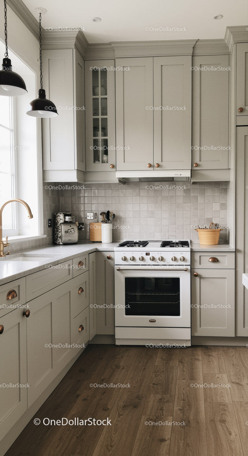 Modern Cozy Kitchen with Beige Cabinets and Wooden Floor