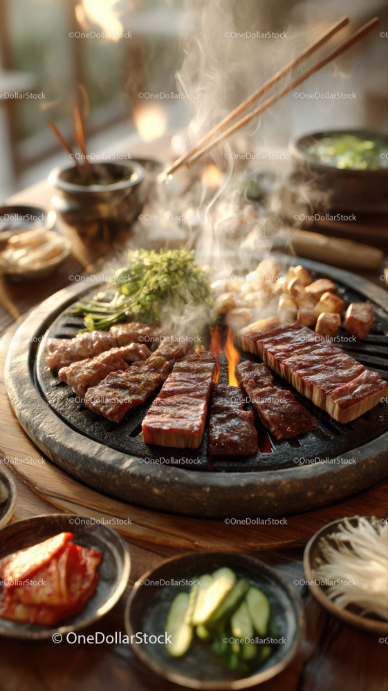 Korean Barbecue Grill with Assorted Meats and Fresh Vegetables