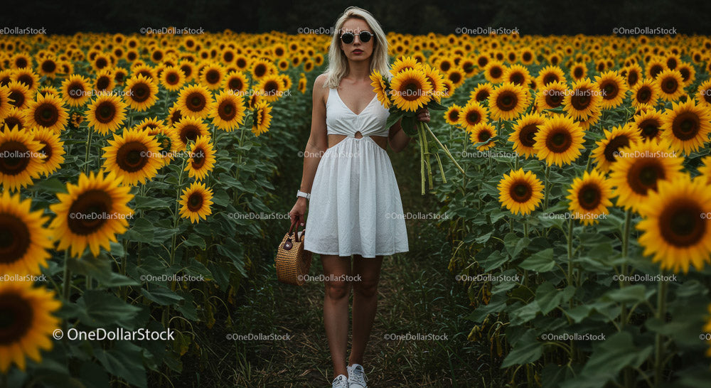 Woman in a Beautiful Sunflower Field Enjoying Summer Bliss