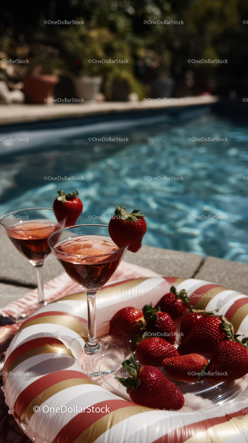 Strawberries and Refreshing Drinks by Poolside in Summer