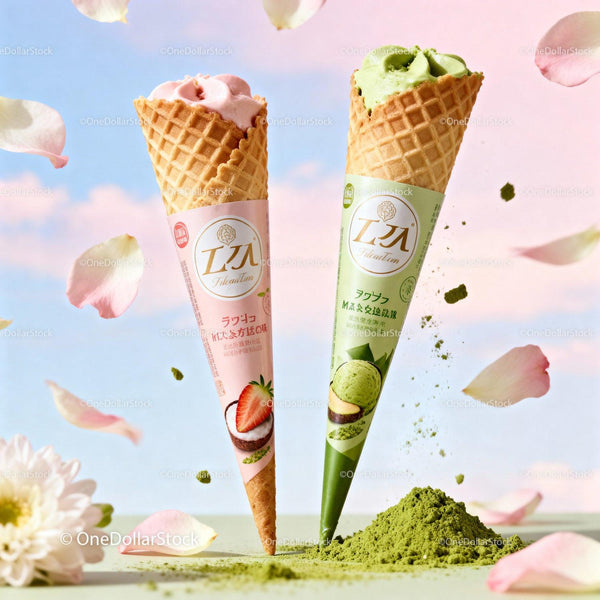 Strawberry and Matcha Ice Cream Cones with Floral Decor