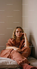 Young woman sitting alone on bed in a cozy room