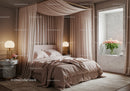 Cozy bedroom with soft drapes and ambient lighting