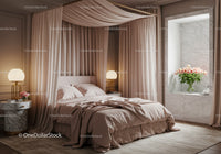 Cozy bedroom with soft drapes and ambient lighting