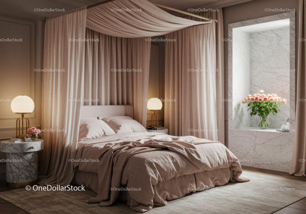 Cozy bedroom with soft drapes and ambient lighting