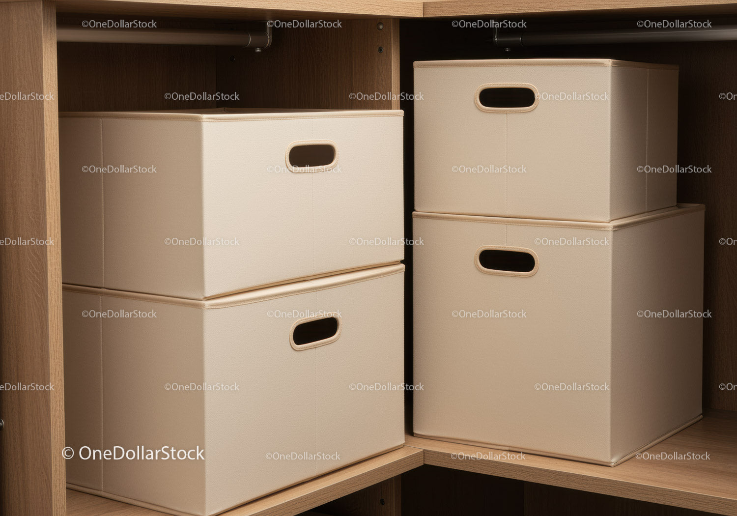 Beige Storage Boxes on Wooden Shelf for Organized Home and Office
