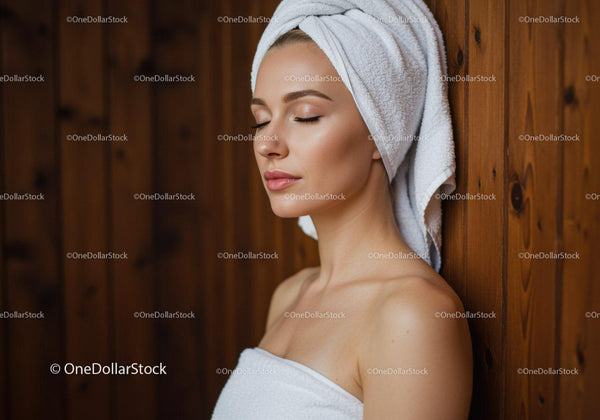 Zrelaksowana kobieta owinięta ręcznikiem w spa z drewnianą ścianą