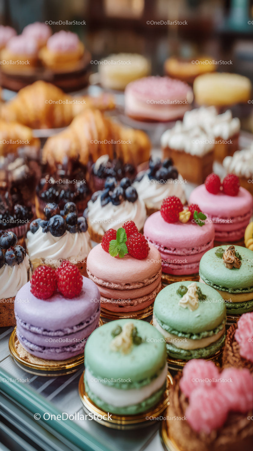 Colorful Assorted Macaroons Display with Fresh Fruit Toppings