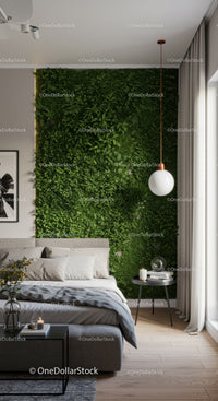 Modern Bedroom with Green Foliage Wall and Cozy Decor