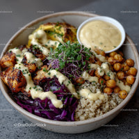 Colorful Quinoa Salad with Chickpeas and Microgreens in a Rustic Bowl