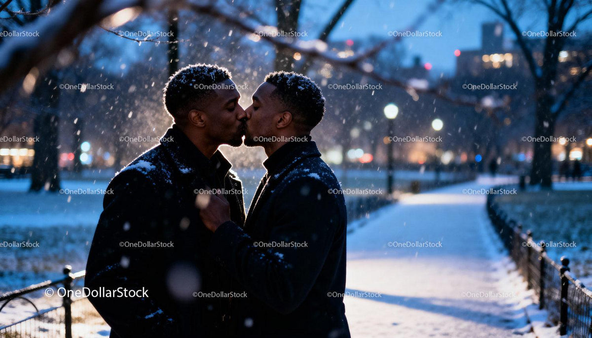 Romantic Winter Kiss Between Two Men in City Park