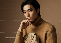 Stylish Young Man in Beige Turtleneck Holding a Beige Clutch in Studio