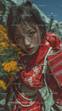 Portrait of Young Woman in Traditional Red Kimono Surrounded by Yellow Flowers